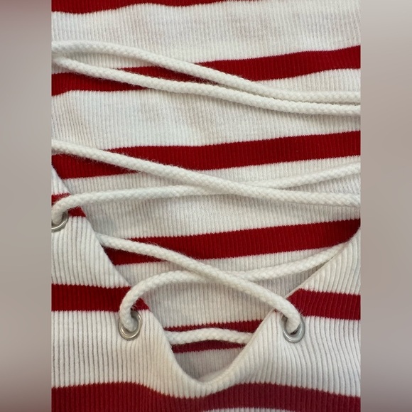 Ralph Lauren Sport Large Stripe Tie Rope Neck Top Polo Horse Logo Red and White - Picture 3 of 8